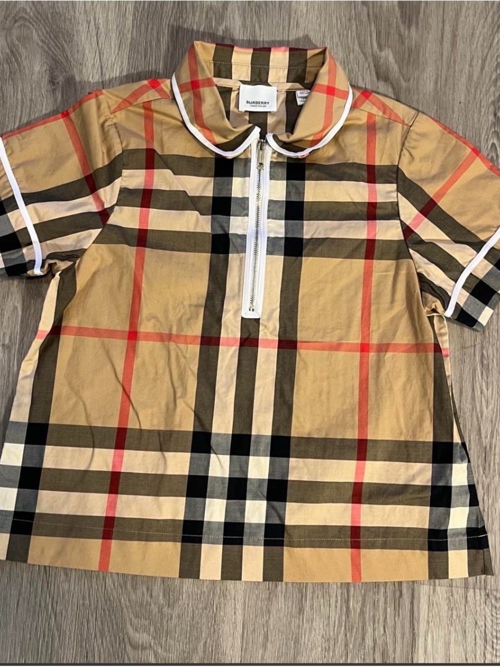 Burberry Classic Nova Check Short Sleeve Zip Polo in Beige/Black/Red